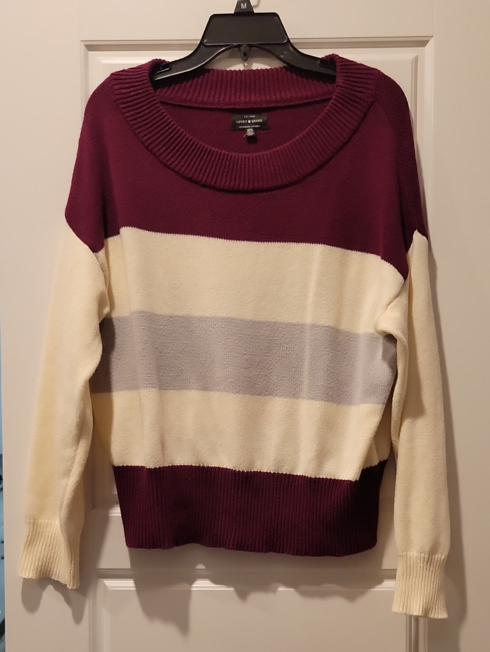 Lucky Brand Burgundy, Cream & Light Gray Striped Crewneck Sweater